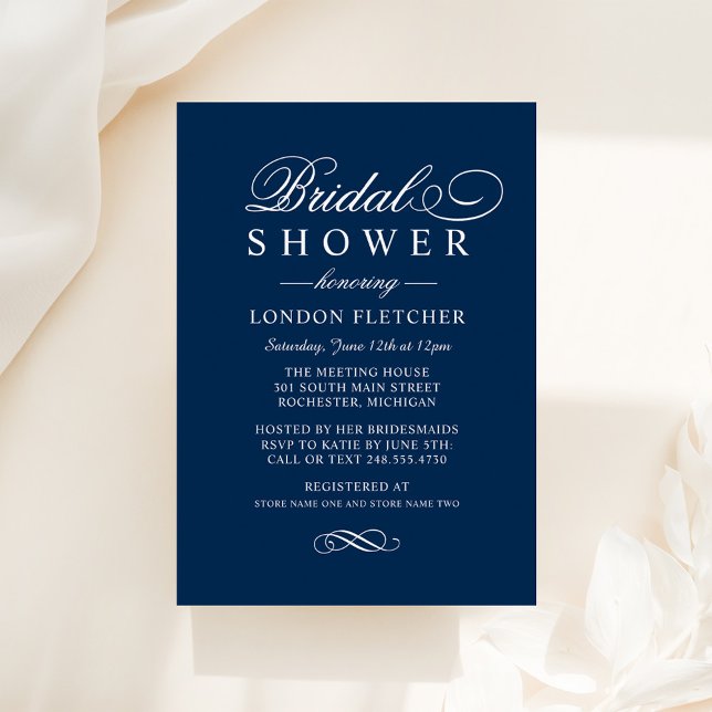Classic Elegant Navy Blue Wedding Bridal Shower Invitation (Creator Uploaded)