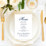 Classic Elegant Navy Blue Wedding Menu<br><div class="desc">Formal navy blue wedding menu card design features beautiful typography that combines a traditional flourished calligraphy script with classic block lettering. Includes a decorative scroll design accent. The custom text can be personalized with a monogram of the bride and groom names and wedding date as well as the dinner menu...</div>