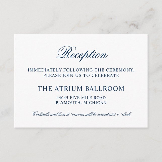 Classic Elegant Navy Blue Wedding Reception Enclosure Card (Front)