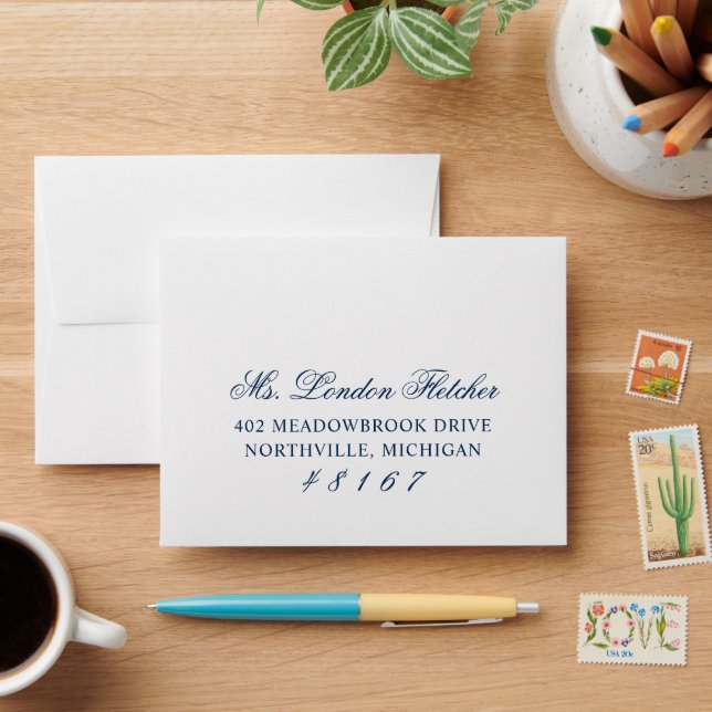 Classic Elegant Navy Blue Wedding RSVP Envelope (Desk)