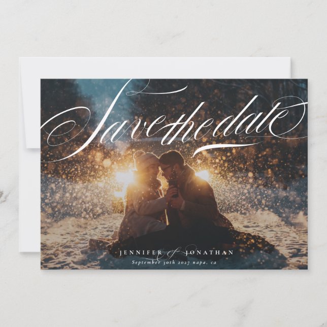 Classic Elegant Navy Calligraphy QR Code Photo Save The Date (Front)