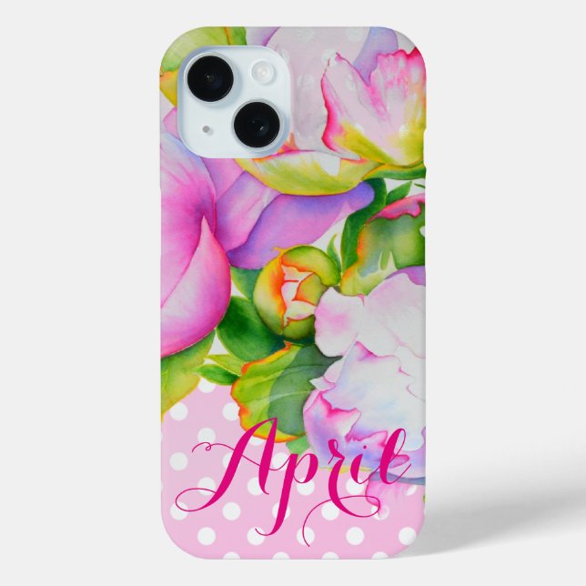 Classic elegant pink white peony floral polkadots Case-Mate iPhone case (Back)