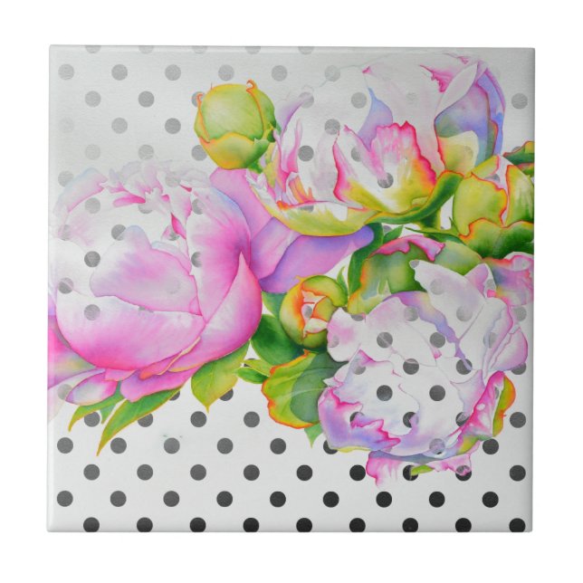 Classic elegant pink white peony floral polkadots tile (Front)