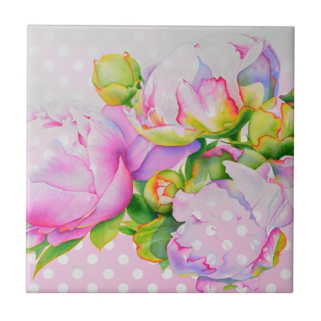 Classic elegant pink white peony floral polkadots tile (Front)