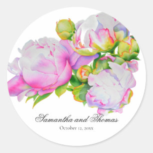 Classic elegant pink white peony floral watercolor classic round sticker
