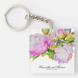 Classic elegant pink white peony floral watercolor keychain