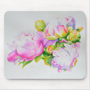 Classic elegant pink white peony floral watercolor mouse pad