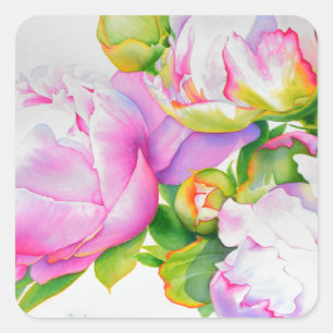 Classic elegant pink white peony floral watercolor square sticker