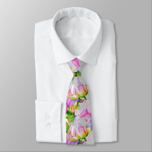 Classic elegant pink white peony floral watercolor tie