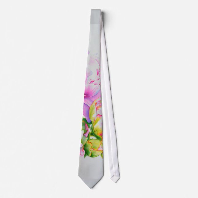 Classic elegant pink white peony floral watercolor tie (Front)