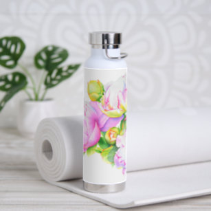 Classic elegant pink white peony floral watercolor water bottle