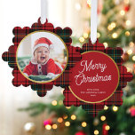 Classic Elegant Red Tartan Plaid Photo Christmas  Ornament Card<br><div class="desc">These wonderful paper ornament cards feature a classic red tartan / plaid background. On the front of the card is a simple round photo shape. On the back is an EDITABLE script greeting in white with your text in a classic serif font. These ornaments make a fabulous holiday card that...</div>