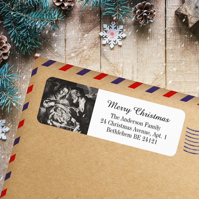 Classic Elegant Religious Christian Holy Christmas (Classic Elegant Black and White Religious Christian Catholic Christmas Holiday Return Address Label)