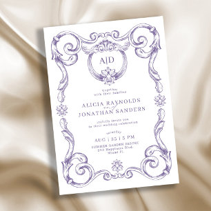 Classic elegant rococo lavender monogram wedding invitation