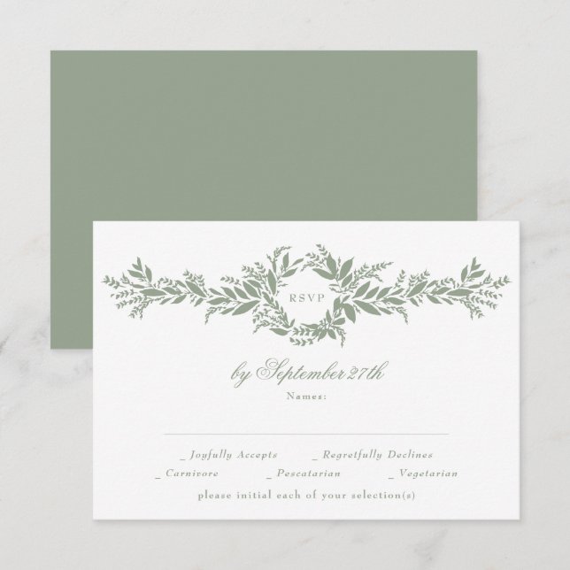 classic elegant sage green leafy wreath wedding RSVP card (Front/Back)