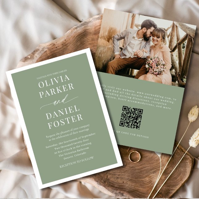 Classic Elegant Sage Green Photo QR Code Wedding Invitation (Creator Uploaded)