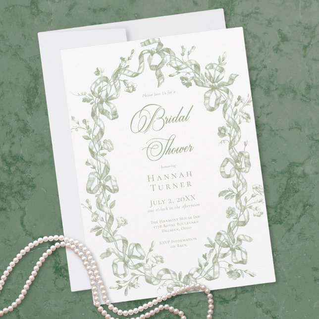 Classic Elegant Sage Oval Ribbon Bridal Shower Invitation (Classic Elegant Sage Oval Ribbon Bridal Shower Invitation)