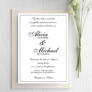 Classic elegant script black and white wedding invitation