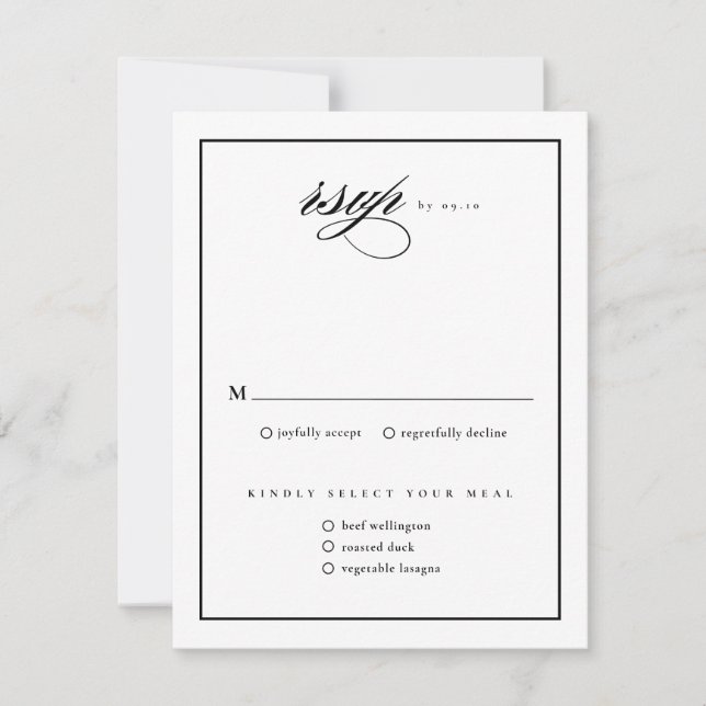 Classic Elegant Script Black and White Wedding RSVP Card (Front)