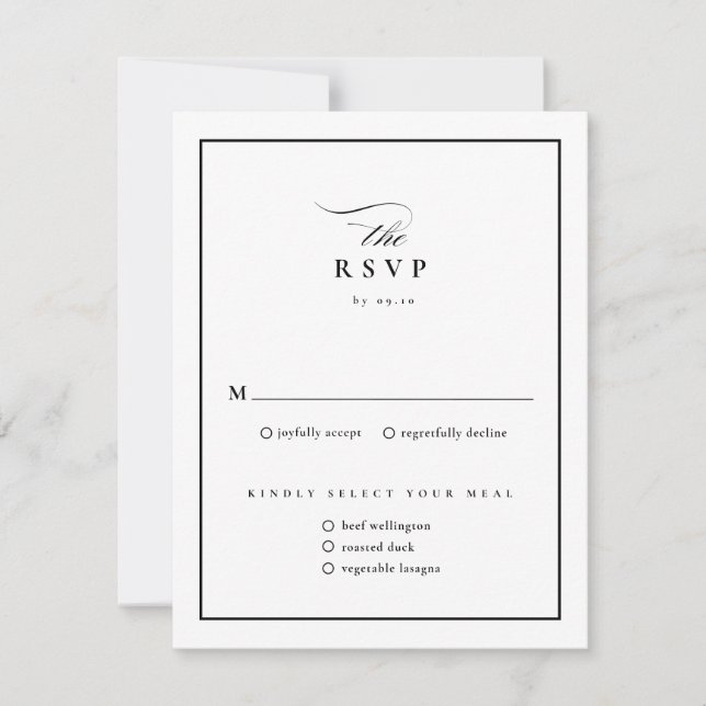 Classic Elegant Script Black and White Wedding RSVP Card (Front)