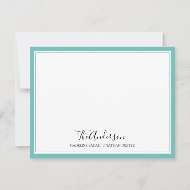 Classic Elegant Script Family Teal Square Border Card (Front)