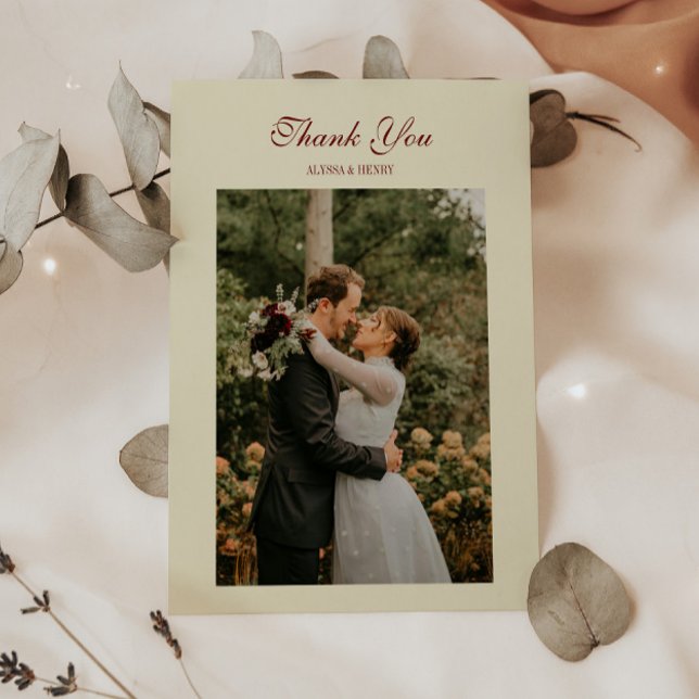 Classic Elegant Script Ivory Cream Wedding Photo Thank You Card (Creator Uploaded)
