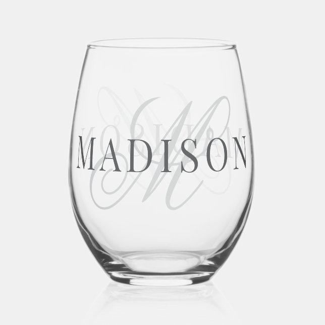 Classic Elegant Script Monogram Initial Name Stemless Wine Glass (Front)