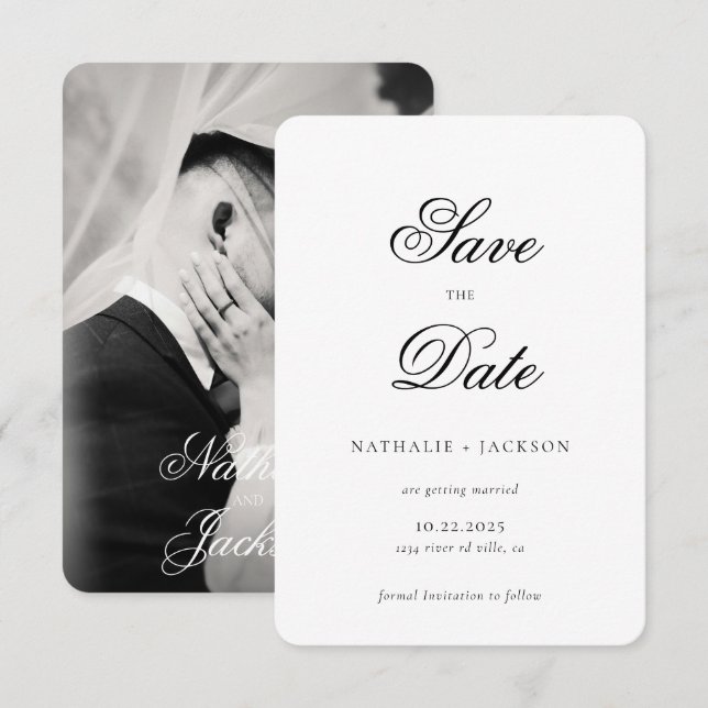Classic Elegant Script Photo Wedding Save the Date (Devant / Derrière)