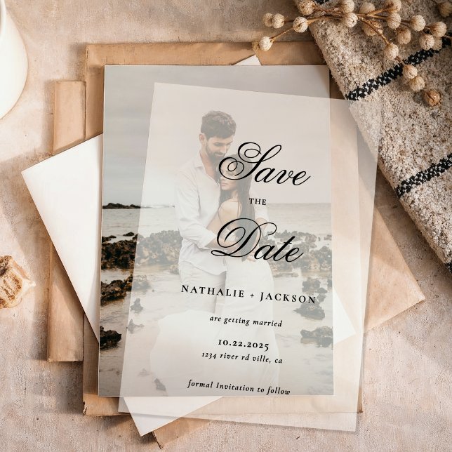 Classic Elegant Script Photo Wedding Save the Date Vellum Invitations (Creator Uploaded)