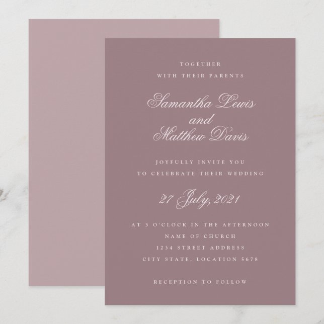 Classic Elegant Script Purple Mauve Wedding Invitation (Front/Back)