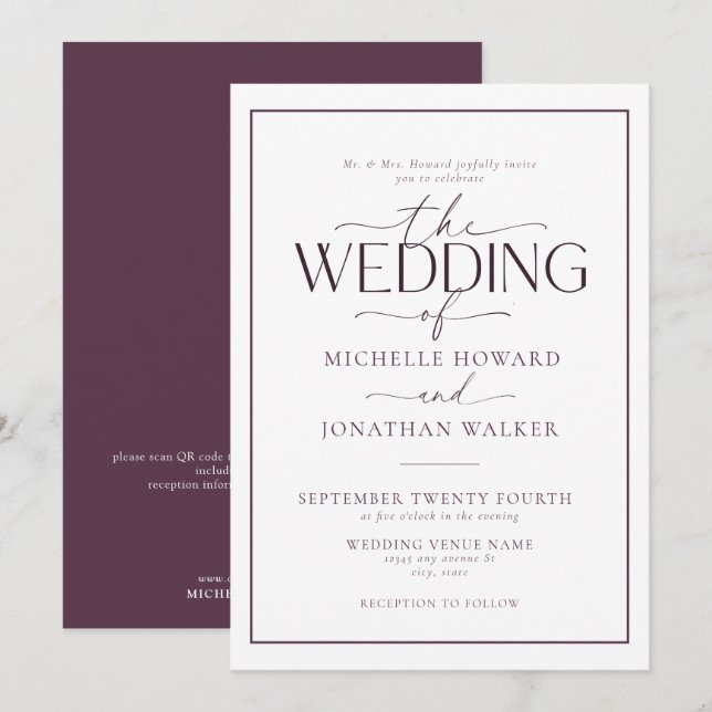 Classic Elegant Script QR Code Wedding Invitation (Front/Back)