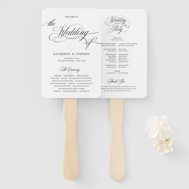 Classic Elegant Script Wedding Program Hand Fans (Front and Back)