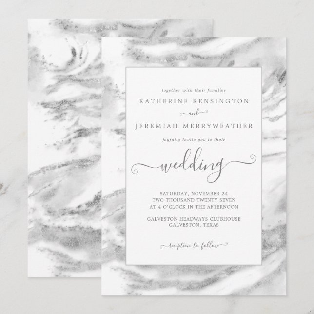 Classic Elegant Silver Foil Marble Wedding Invitation (Front/Back)