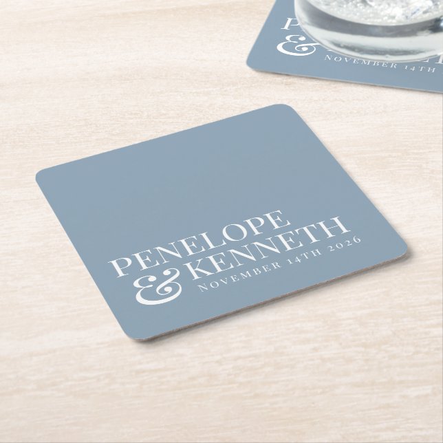 Classic Elegant Simple Custom Wedding Dusty Blue Square Paper Coaster (Angled)