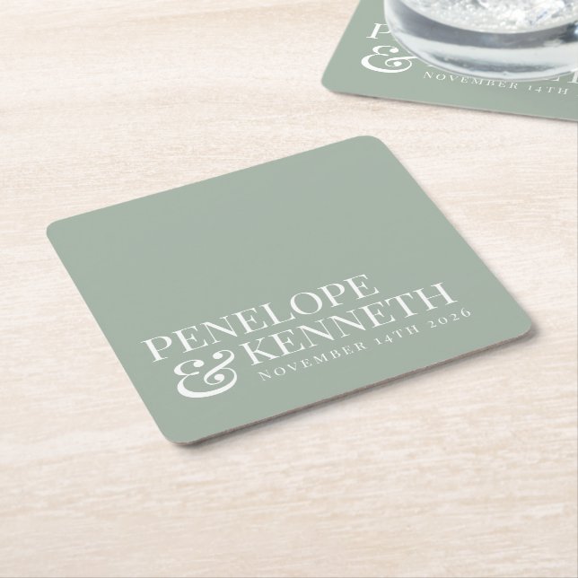 Classic Elegant Simple Custom Wedding Dusty Sage Square Paper Coaster (Angled)