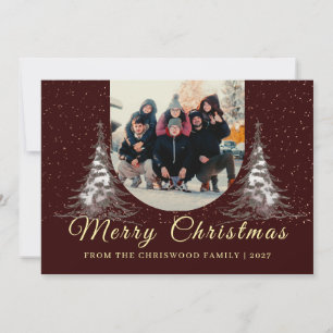 Classic Elegant Snowy Pine Tree Family Christmas Holiday Card