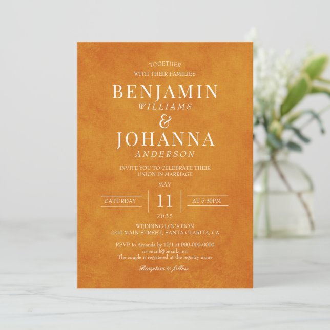 Classic Elegant Sunset Orange Watercolor Wedding Invitation (Standing Front)