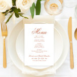 Classic Elegant Terracotta Orange Wedding Monogram Menu<br><div class="desc">Formal terracotta orange wedding menu card design features beautiful typography that combines a traditional flourished calligraphy script with classic block lettering. Includes a decorative scroll design accent. The custom text can be personalized with a monogram of the bride and groom names and wedding date as well as the dinner menu...</div>
