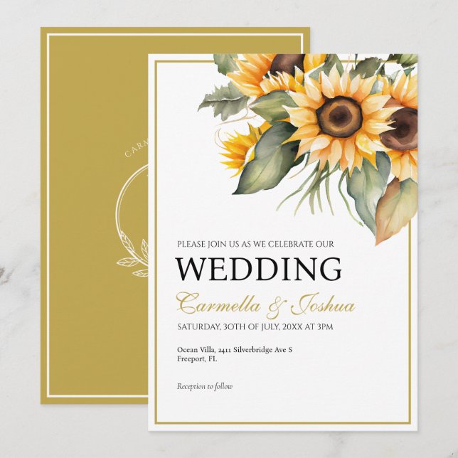 Classic Elegant Watercolor Sunflower Boho Wedding Invitation (Front/Back)