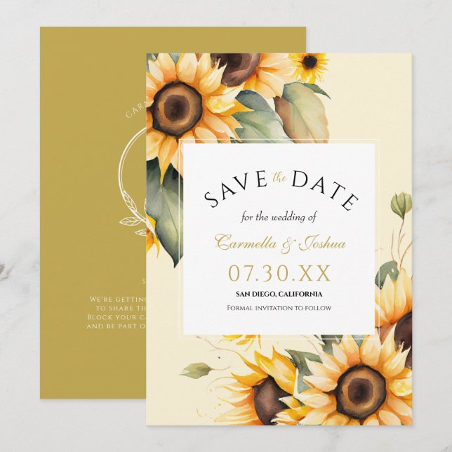 Classic Elegant Watercolor Sunflower Boho Wedding Save The Date (Front/Back)