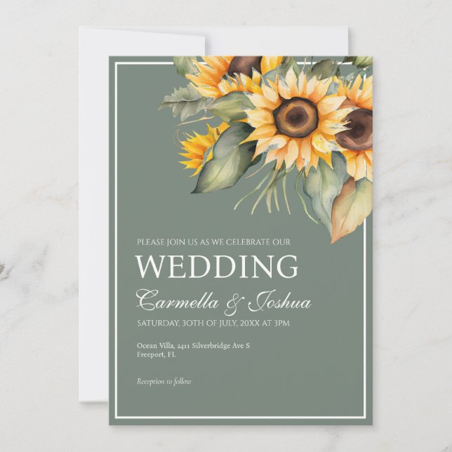 Classic Elegant Watercolor Sunflower Sage Wedding Invitation (Front)