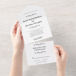 Classic Elegant Wedding Formal Black White Budget  All In One Invitation