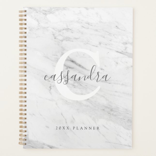 Classic Elegant White Monogram Marble Texture Planner (Front)