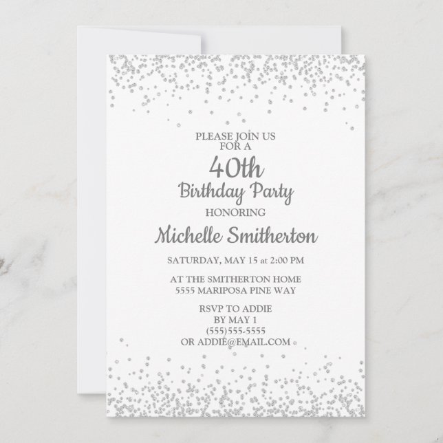 Classic Elegant White Silver Glitter 40th Birthday Invitation (Front)