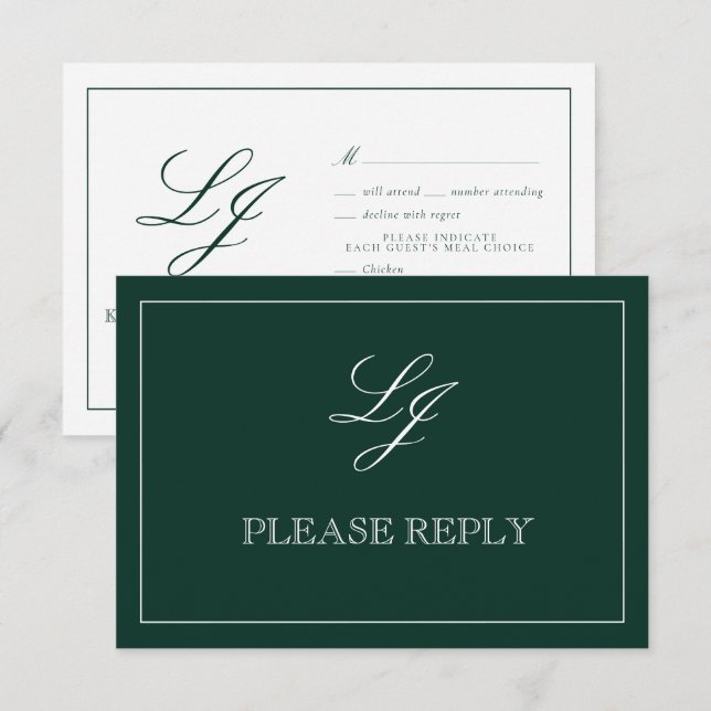 Classic Emerald Green Calligraphy Monogram Wedding RSVP Card (Front/Back)