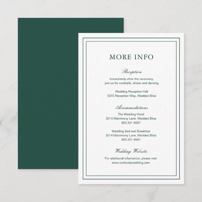 Classic Emerald Green Elegant Wedding Enclosure Card (Front/Back)