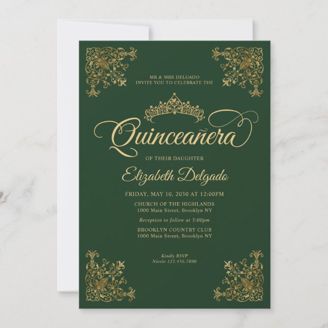 Classic Emerald Green Gold Frame Tiara Quinceanera Invitation (Front)