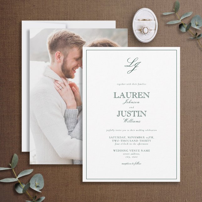 Classic Emerald Green Monogram Photo Wedding Invitation (Creator Uploaded)