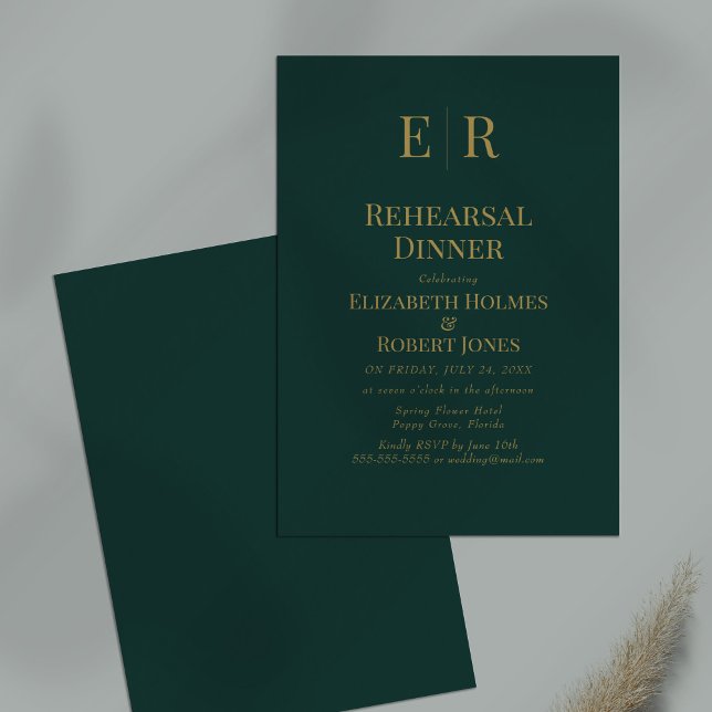 Classic Emerald Green Monogram Rehearsal Dinner Invitation (Classic Emerald Green Monogram Rehearsal Dinner Invitation on a table.)