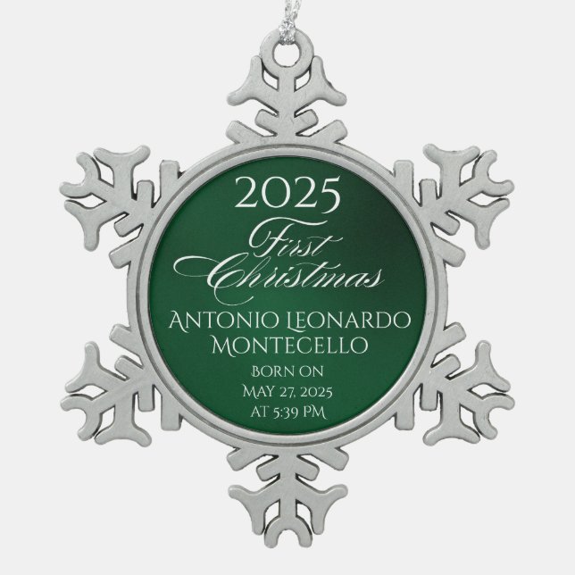 Classic Emerald Green Newborn Birth Details Snowflake Pewter Christmas Ornament (Front)